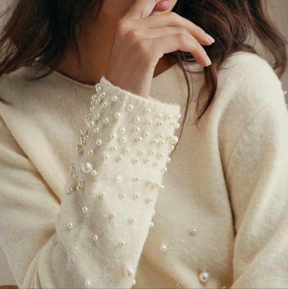 Long Sleeve Shirt With Floral 3D Faux Pearl Embellishment, Stylized Design, - Picture 6 of 8